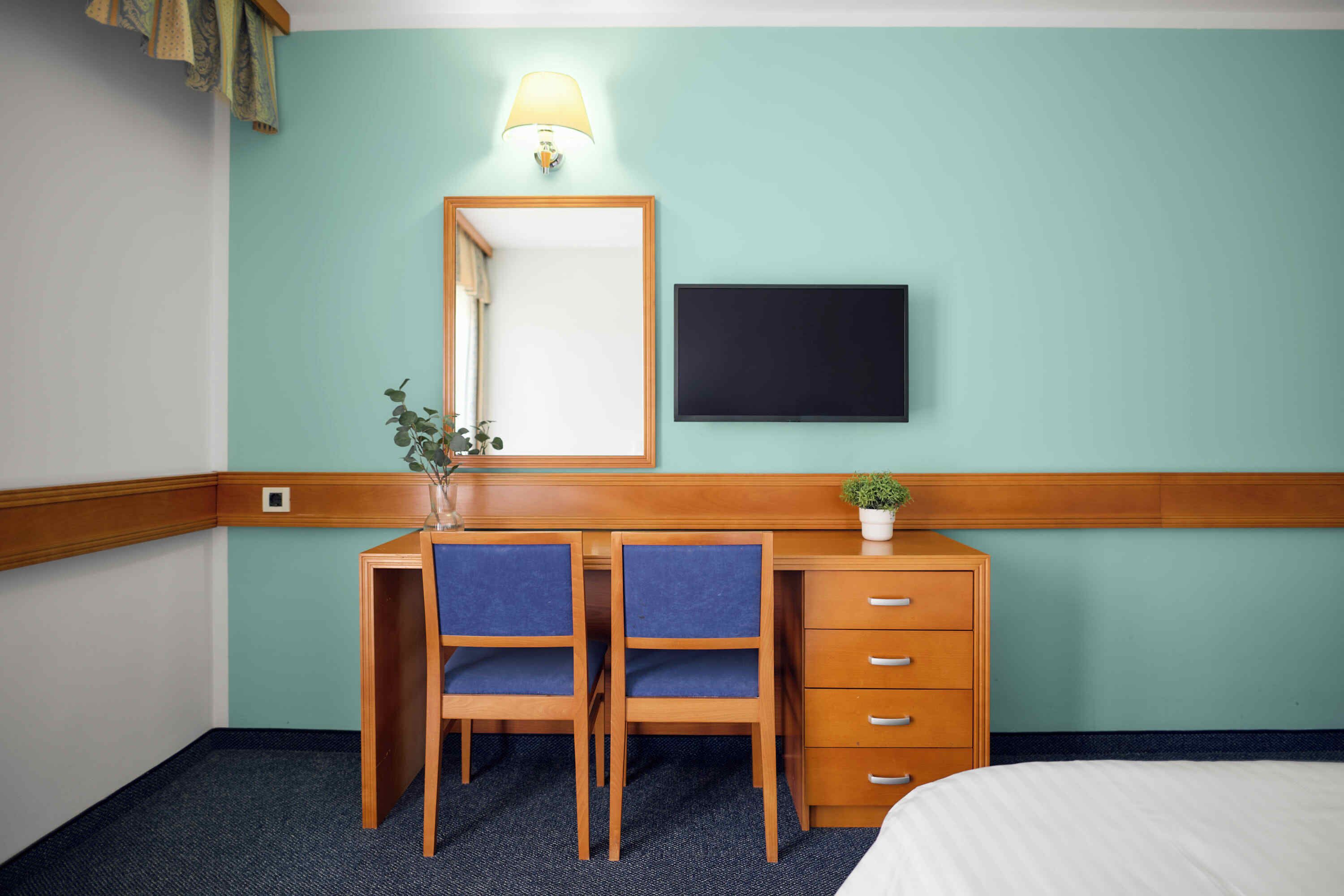 A hotel room with a desk, two chairs, a bed, a TV, and a small plant.