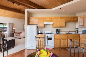 Fridge, microwave, coffee/tea maker, dining tables