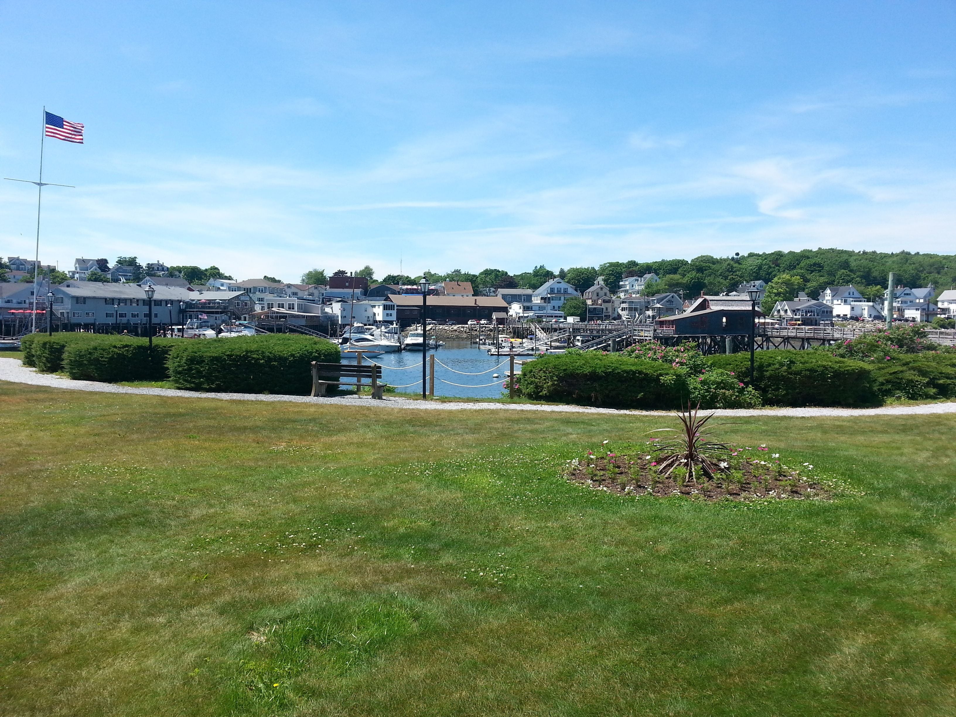 A marina with boats, a flag, and houses in the background.