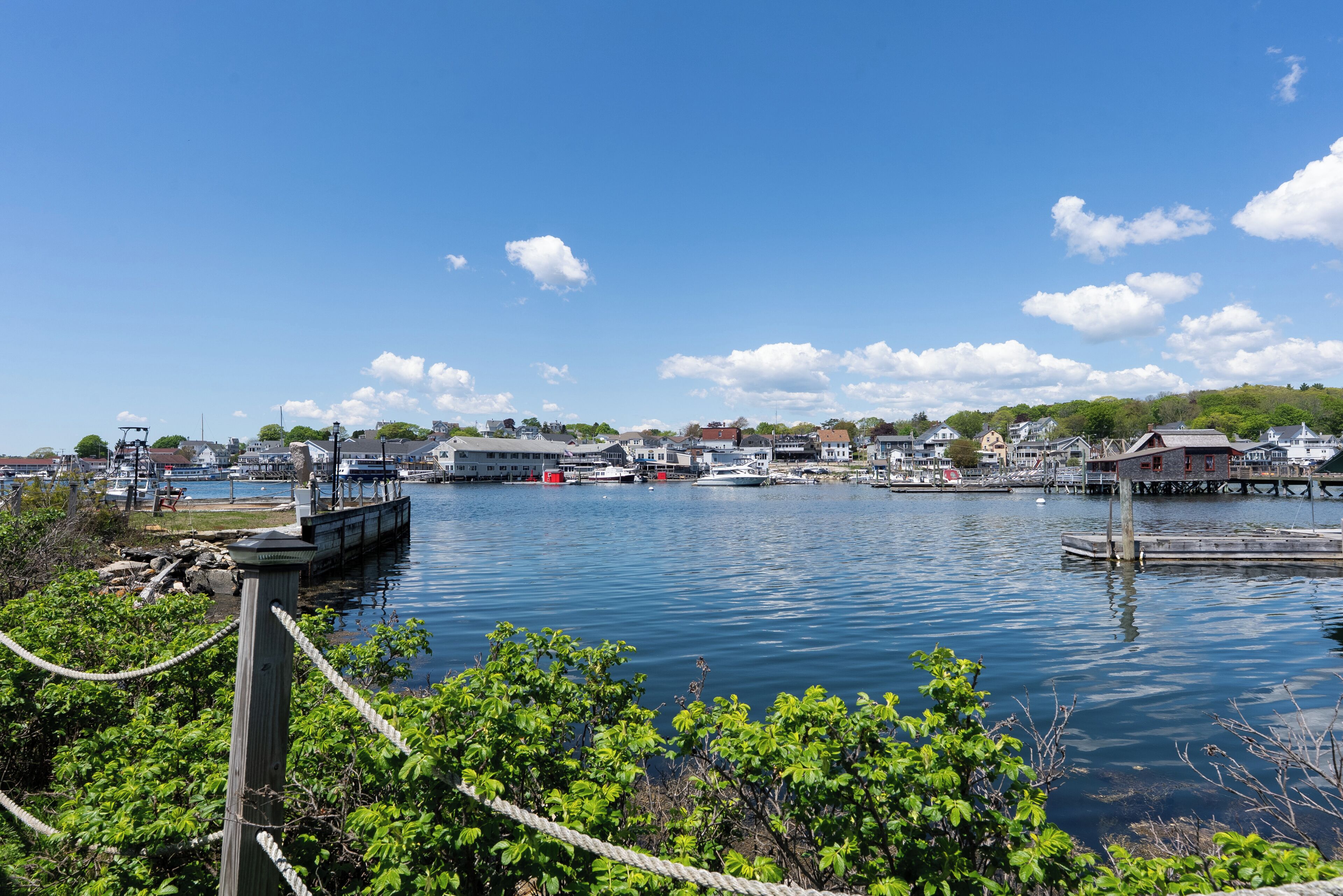 A harbor with boats docked, a wooden pier, and buildings in the background.