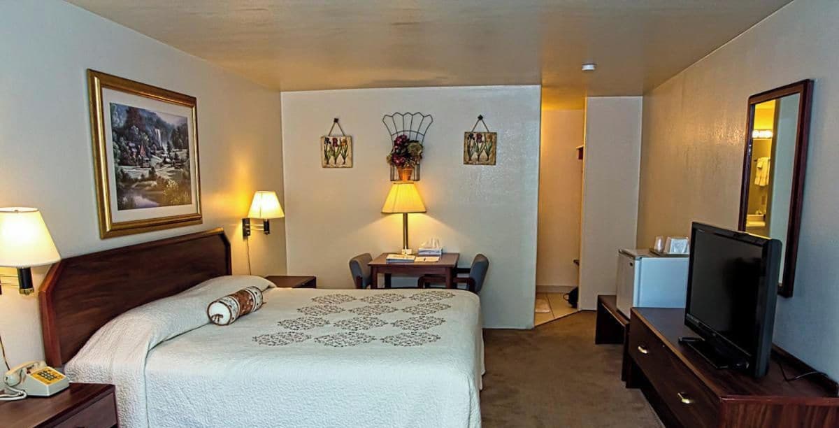 Habitación de hotel con cama, lámparas de noche, un escritorio con silla, televisor y adornos en la pared.
