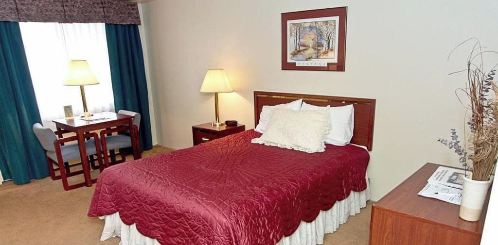 A hotel room with a bed, a desk with chairs, a lamp, and a framed picture on the wall.