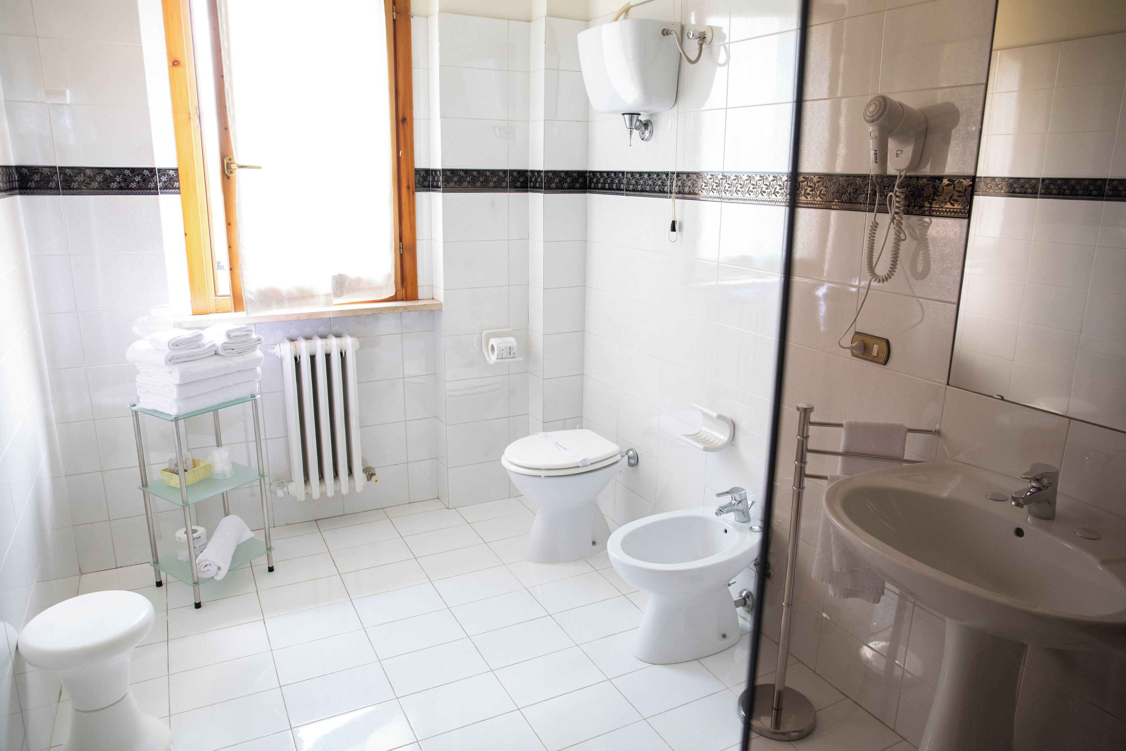 free toiletries, hair dryer, bidet, towels