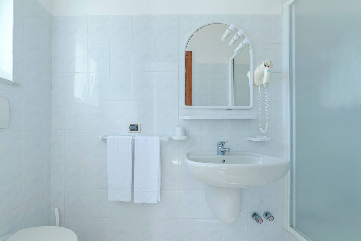 Combined shower/tub, free toiletries, hair dryer, towels
