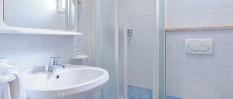 Un baño con ducha envuelta en vidrio, un lavabo con espejo y un inodoro.