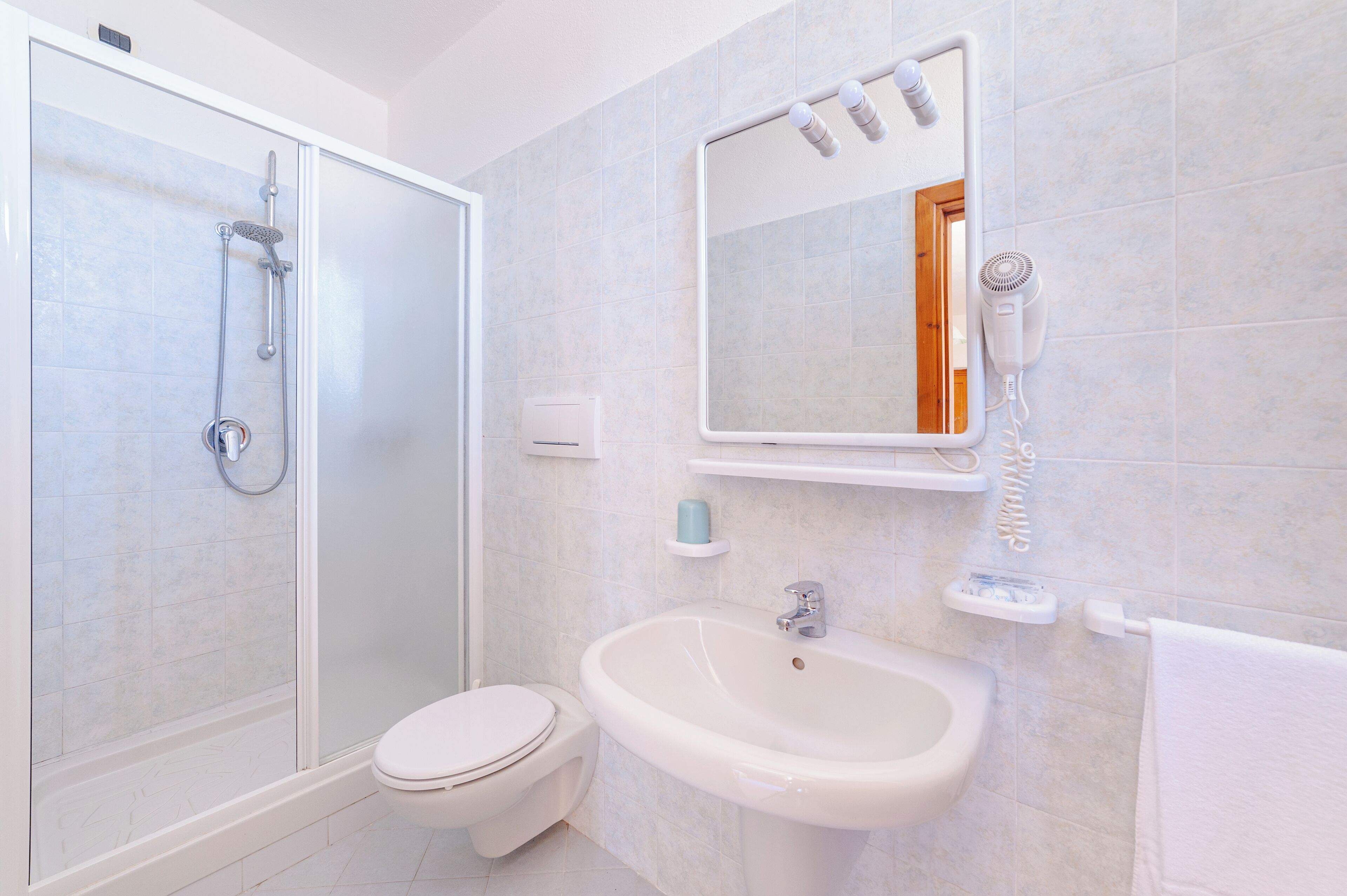 A bathroom with a glass shower enclosure, a toilet, a sink, and a mirror.