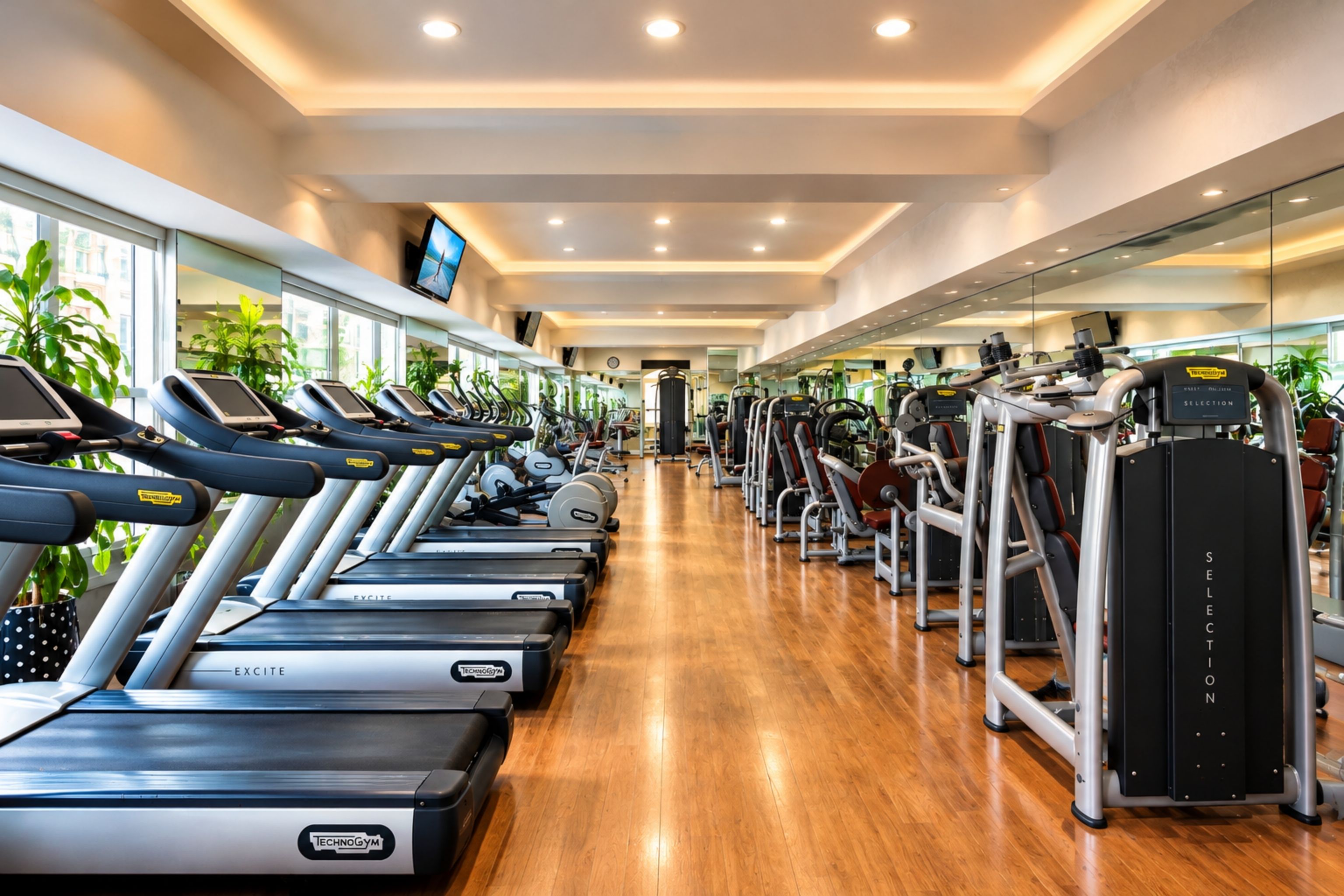 A gym with treadmills, weight machines, and exercise equipment.