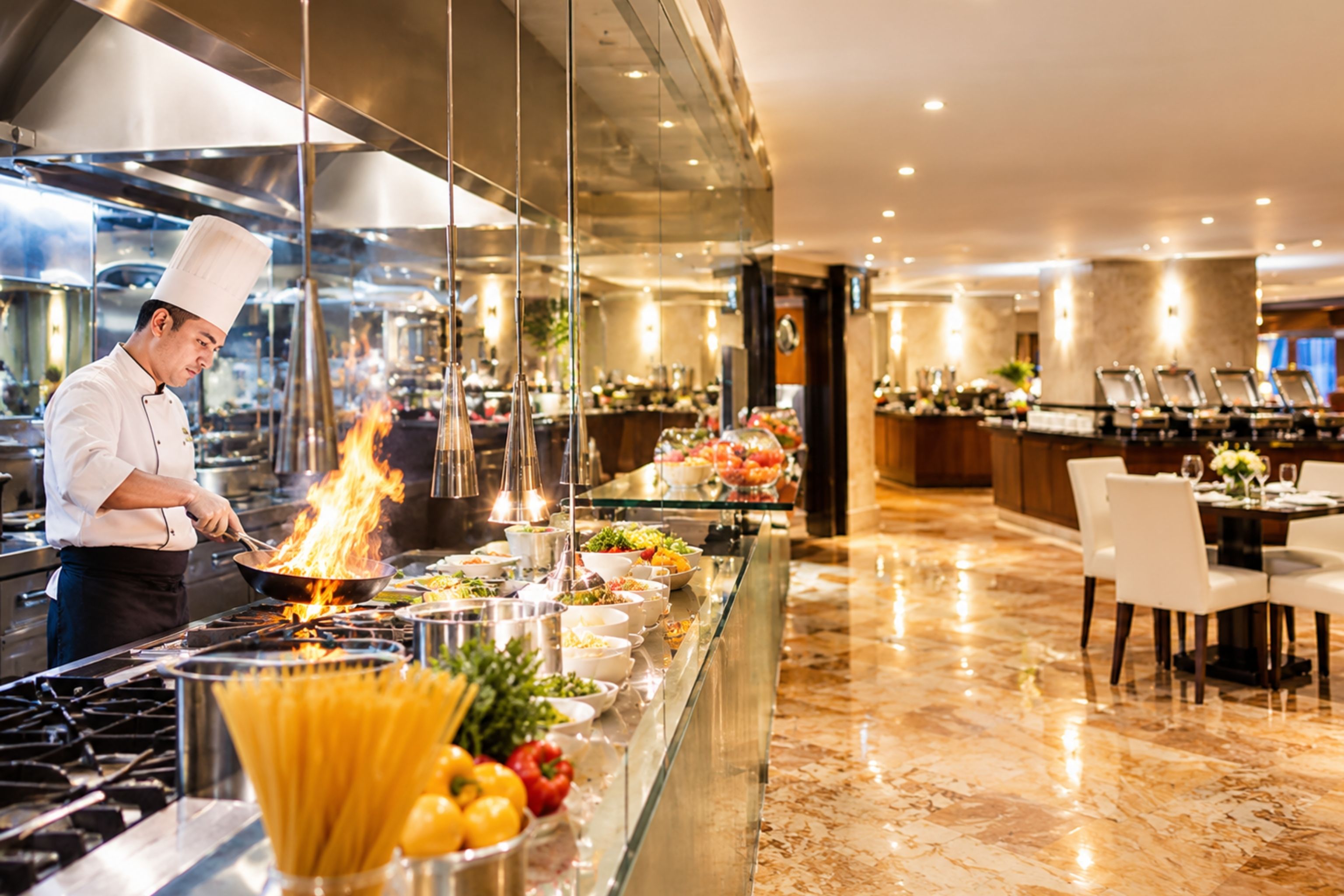 A chef cooking with flames in a modern kitchen with a buffet area in the background.
