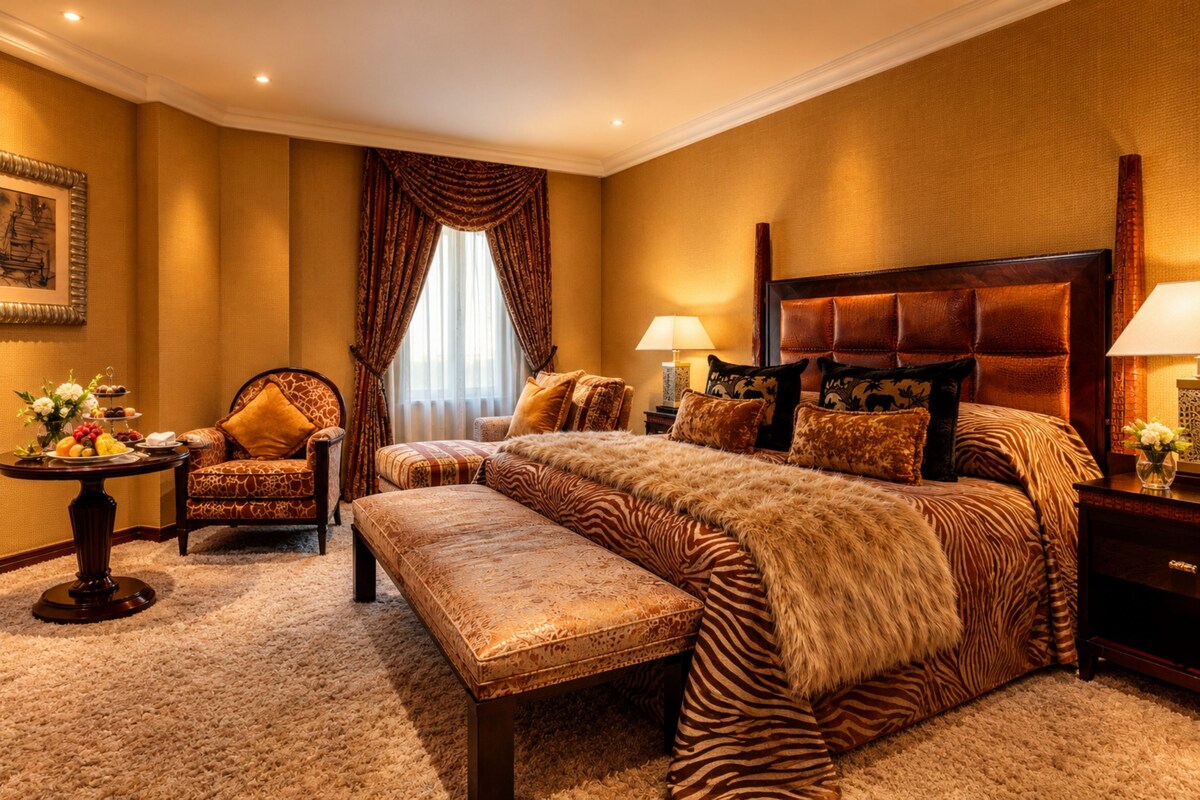 A hotel room with a large bed, a sitting area with a chair and a table, and a window with curtains.