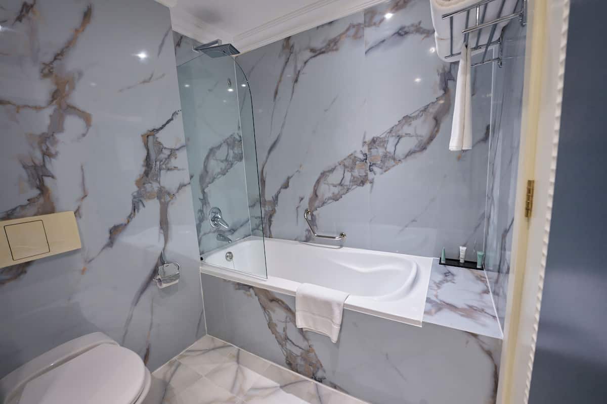 deluxe room, 1 king bed | bathroom | combined shower/bathtub, eco-friendly toiletries, hair dryer, bathrobes