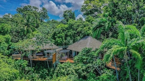 Ein tropisches Resort mit mehreren strohgedeckten Gebäuden, umgeben von dichtem Grün.