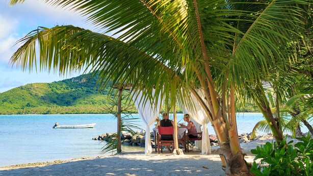 Une plage avec un bateau sur l’eau, des palmiers et une personne qui prend son repas sous un auvent.