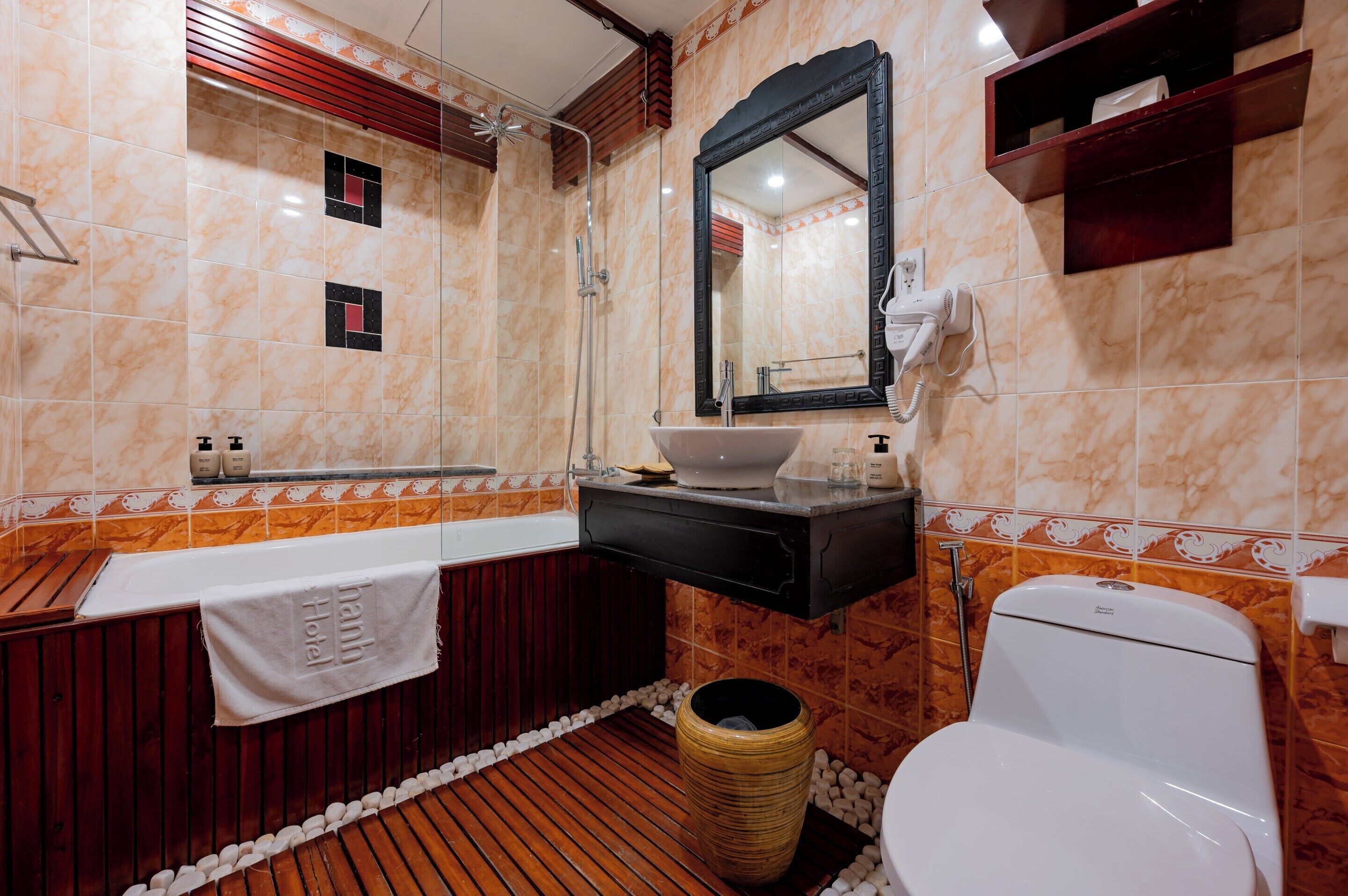 bathtub, free toiletries, hair dryer, bathrobes