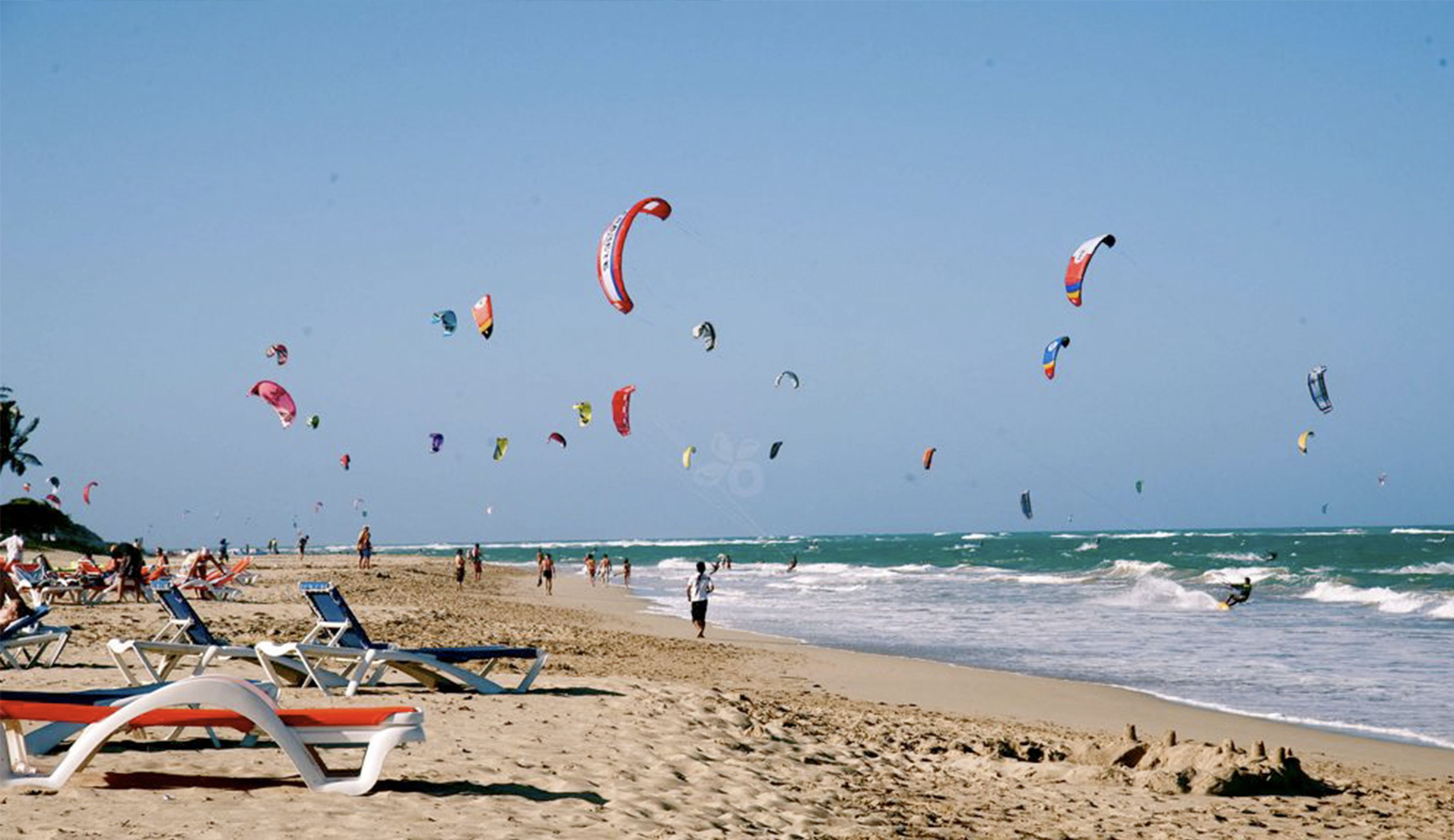 Una playa con varias cometas volando en el cielo, gente en la arena y el océano al fondo.