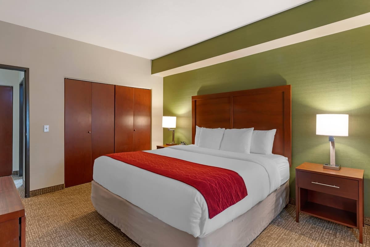 Habitación de hotel con una cama grande, una mesita de noche de madera con lámpara, un armario y un espejo.