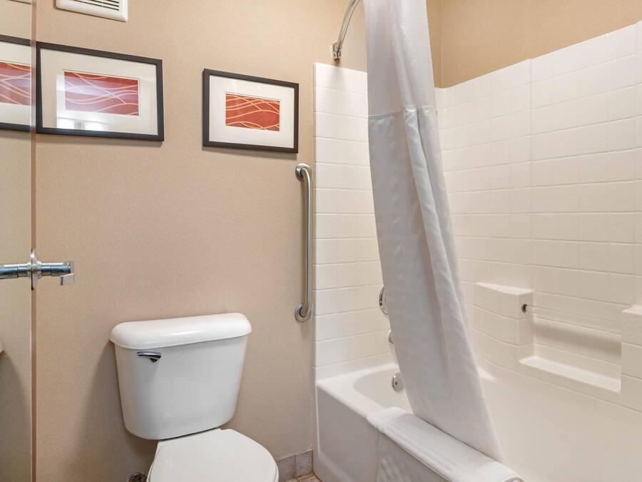 A bathroom with a toilet, a shower with a curtain, and two framed pictures on the wall.