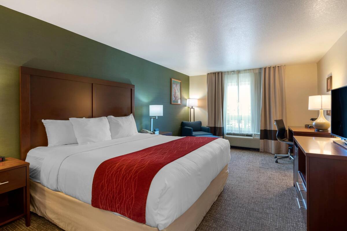 Una habitación de hotel con una cama grande, un escritorio, una silla, una lámpara y un televisor.