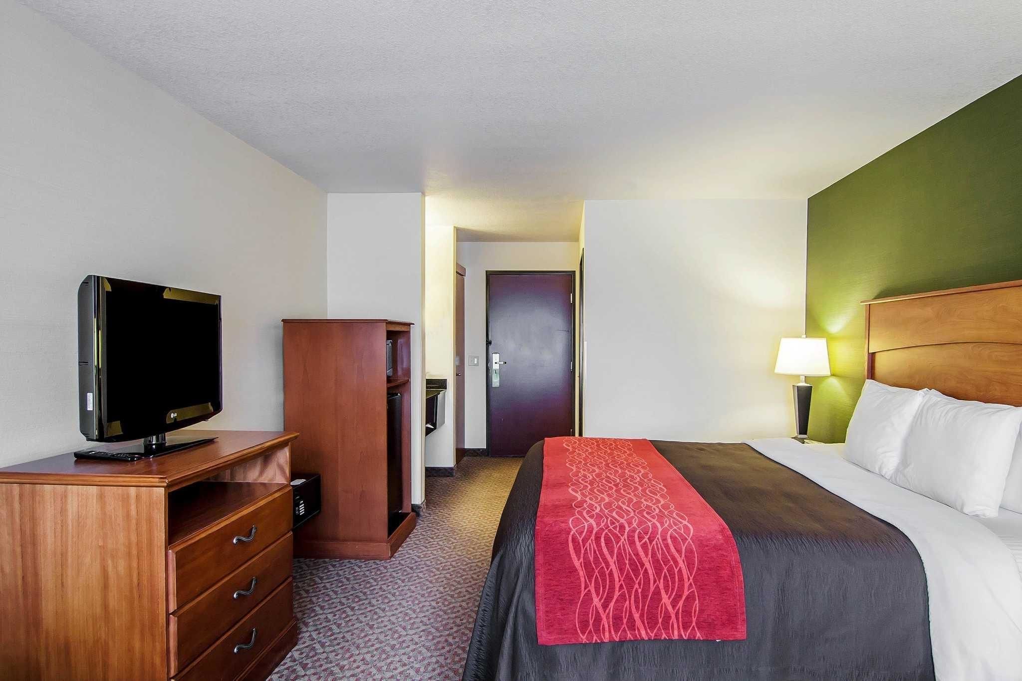 Quarto de hotel com cama, televisão sobre uma cômoda de madeira, escrivaninha e luminária.
