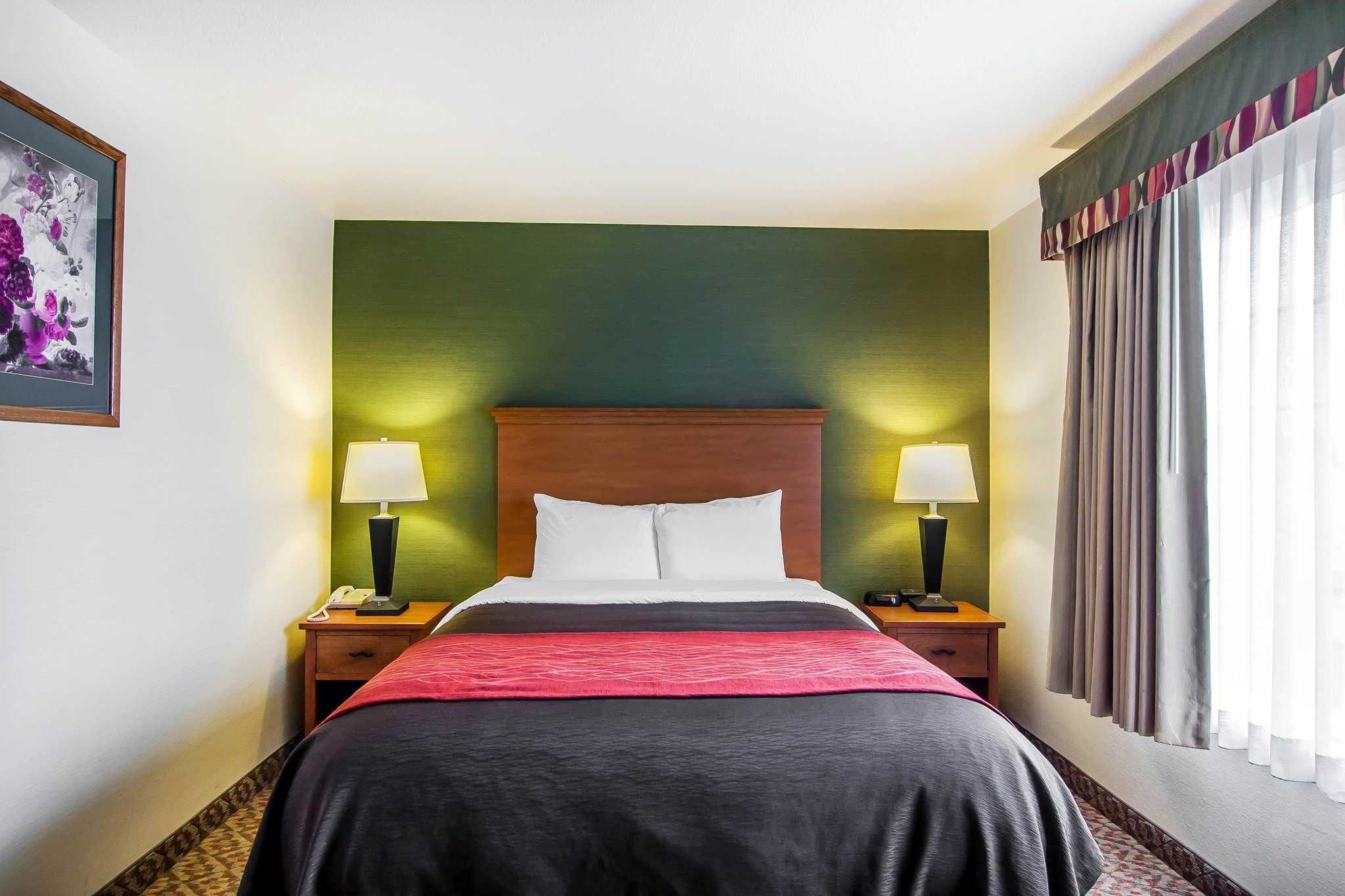 Une chambre d’hôtel avec un grand lit, deux tables de chevet avec des lampes, un mur d’accent vert et une fenêtre avec des rideaux.