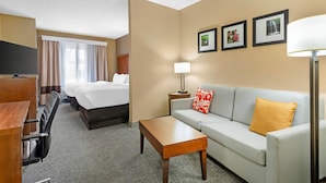 Una habitación de hotel con una cama, un sofá, un escritorio y una televisión.