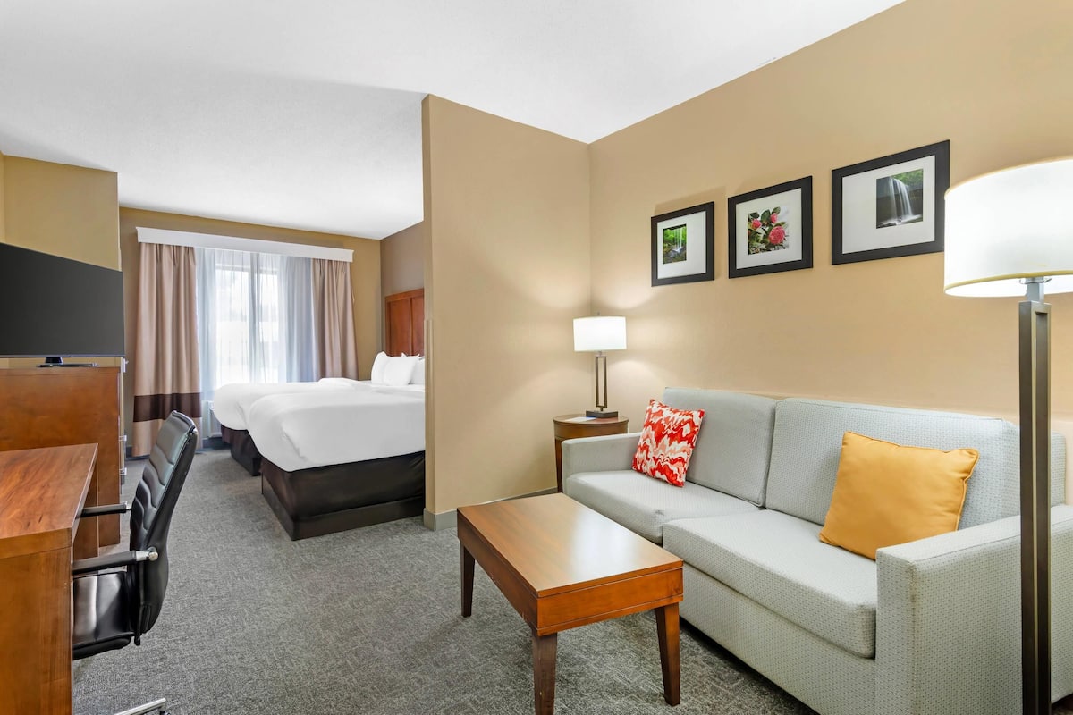 Una habitación de hotel con una cama, un sofá, un escritorio y una televisión.