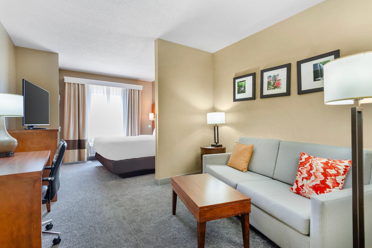 Habitación de hotel con cama, sofá, escritorio con lámpara, televisor y cuadros en la pared.
