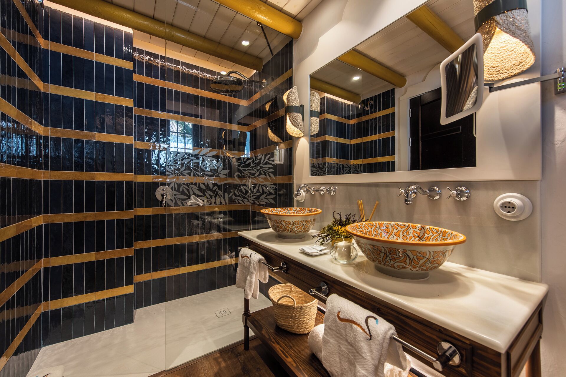 deluxe double room | bathroom | rainfall showerhead, hair dryer, bathrobes, slippers