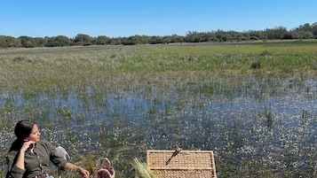 A table set outdoors with food and drinks, surrounded by a natural landscape.