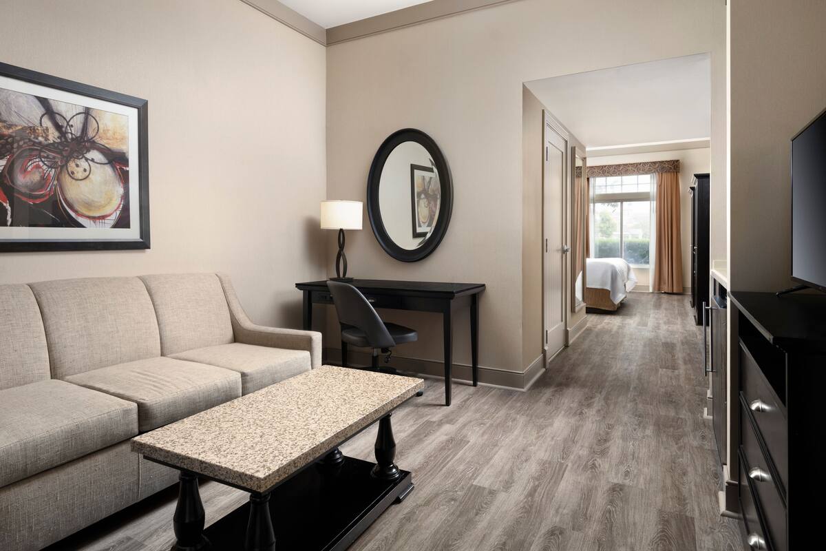 A hotel room with a sofa, a small table, a desk, a chair, a TV, a mirror, and a wardrobe.