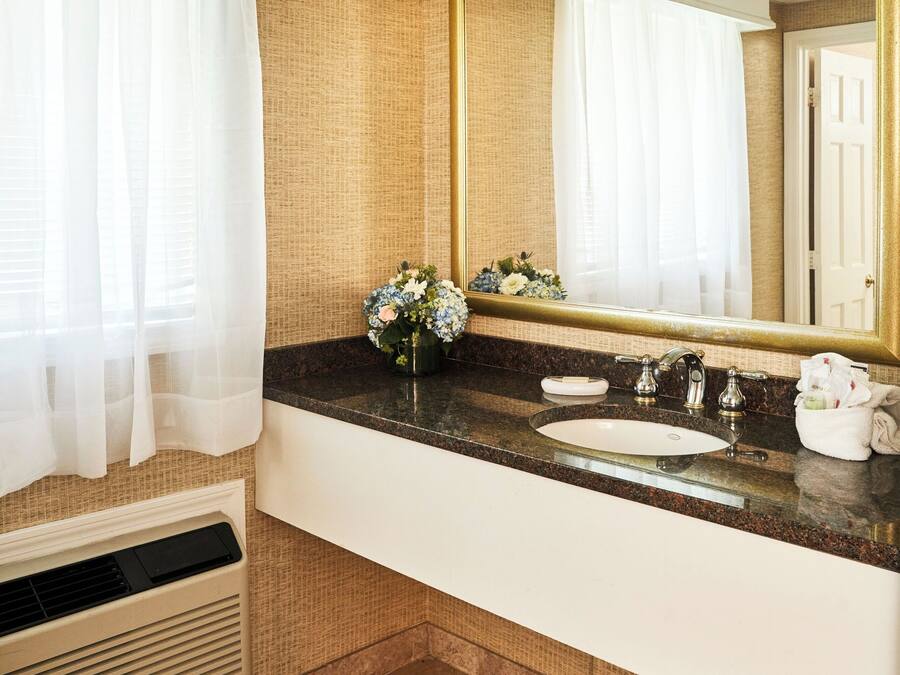 Une salle de bain avec un grand miroir, un lavabo et une fenêtre ornée de rideaux légers.