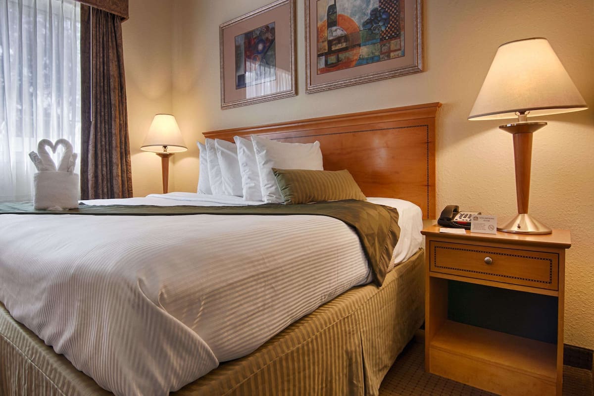 A hotel room with a large bed, two bedside lamps, a nightstand with a phone, and a window with curtains.