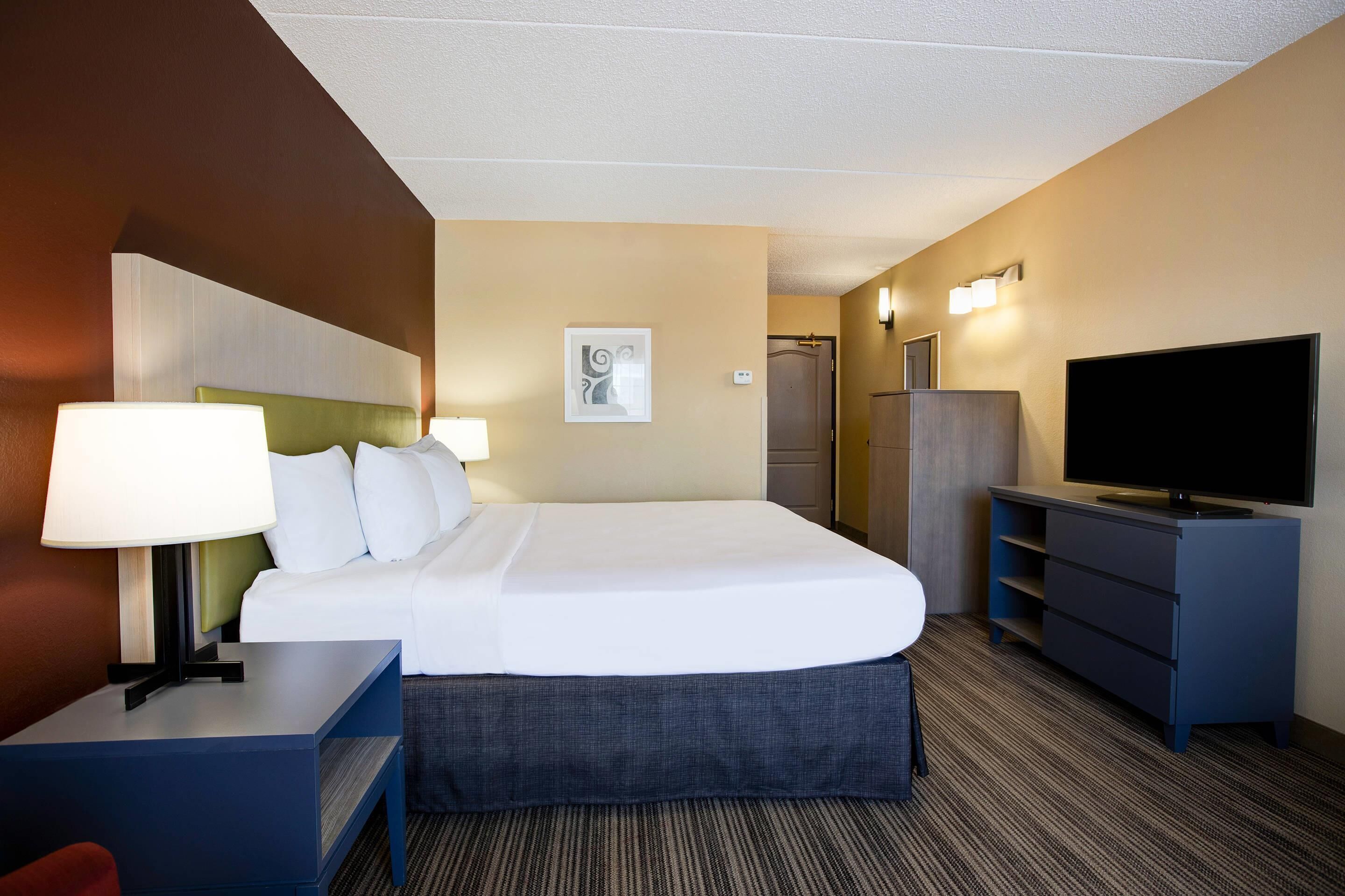 A hotel room with a bed, bedside tables, a television, and a desk.