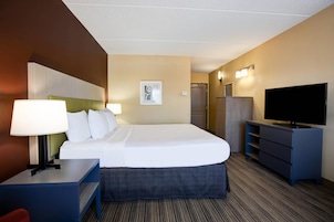 Una habitación de hotel con cama, mesitas de noche, televisor y escritorio.