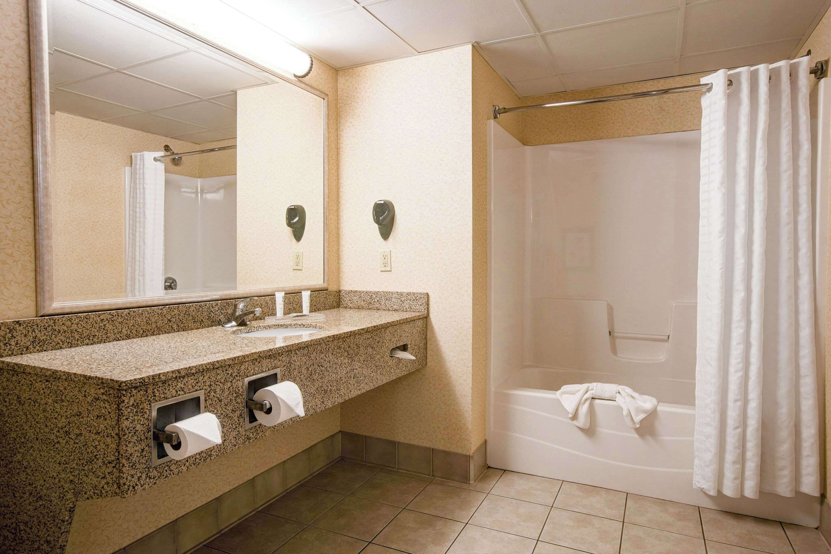 combined shower/bathtub, hair dryer, towels