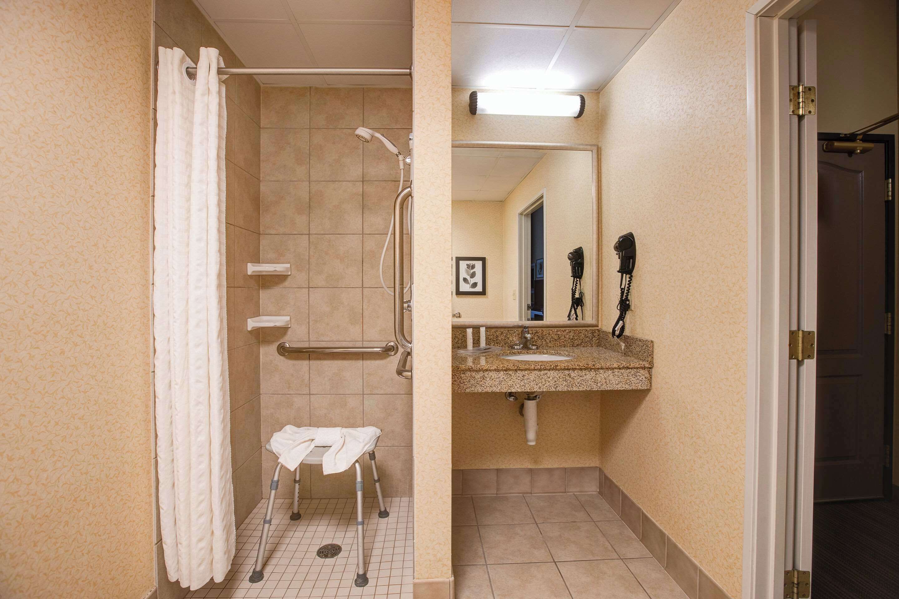 combined shower/bathtub, hair dryer, towels