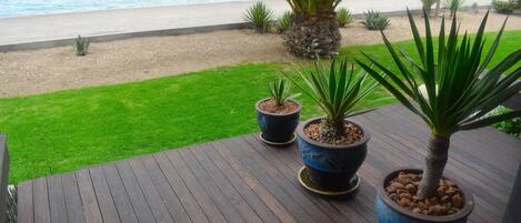 Een houten terras met plantenpotten, een gazon en uitzicht op het strand en de zee.