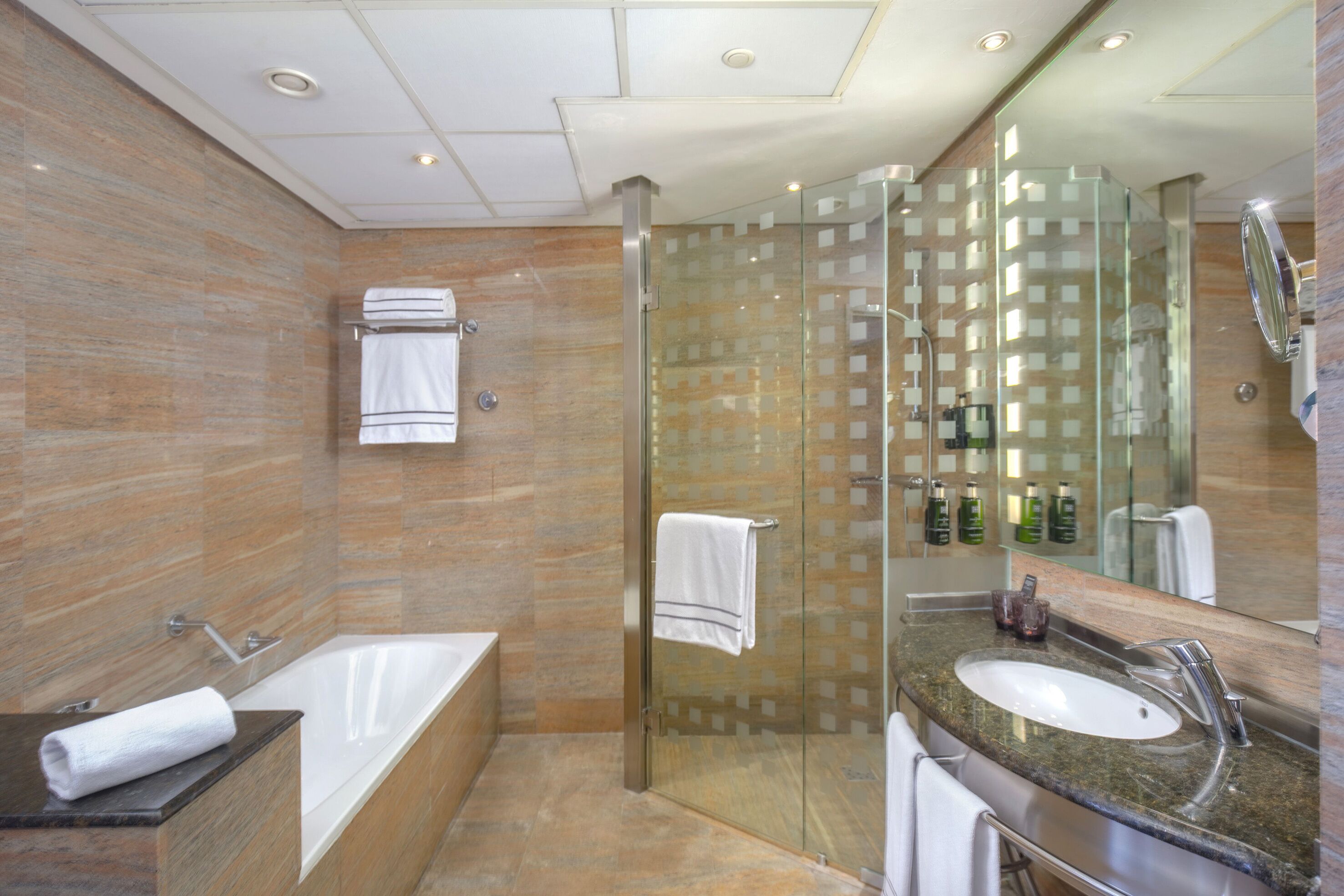 A modern bathroom with a glass-enclosed shower, a freestanding bathtub, and a granite countertop sink.
