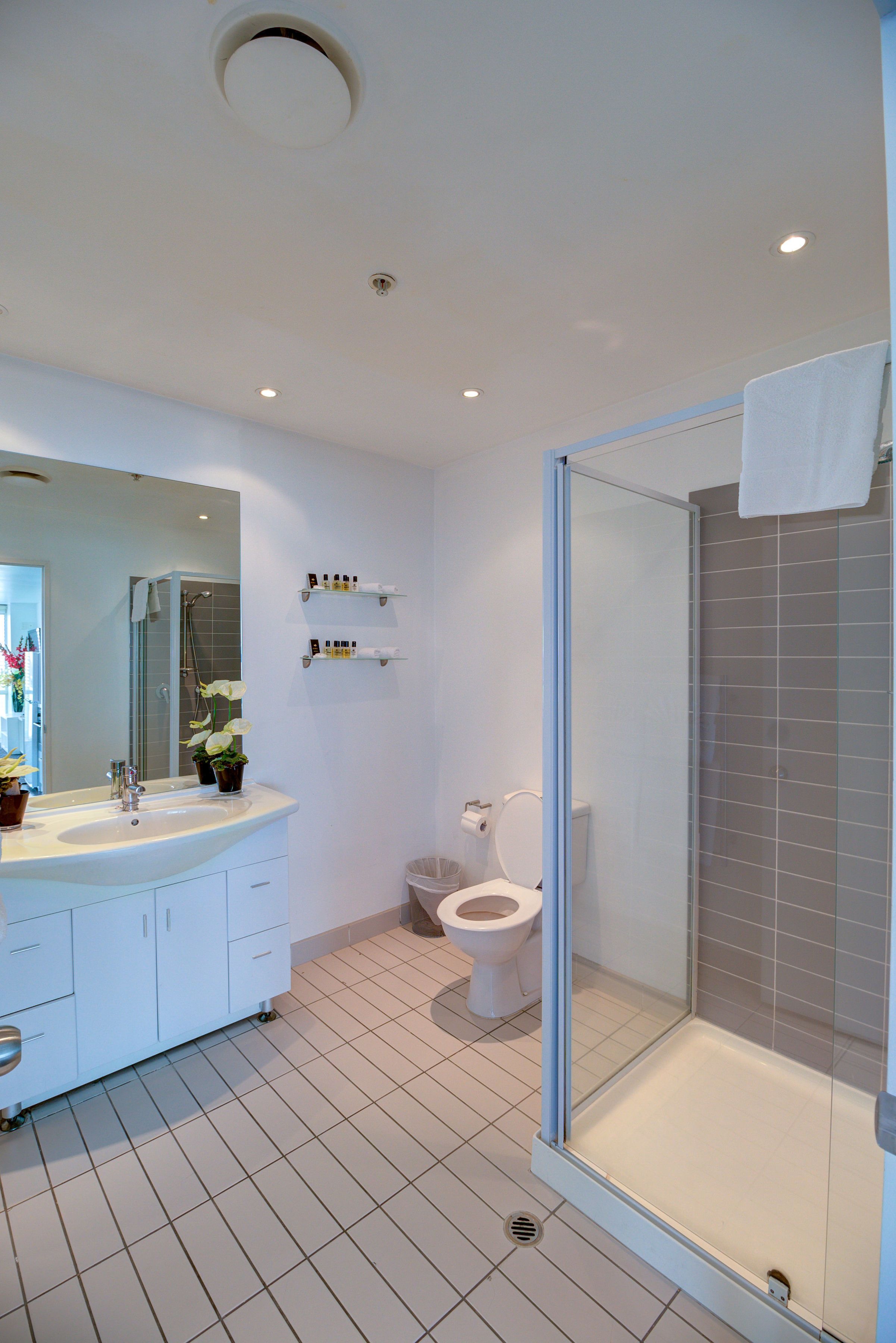 A modern bathroom with a glass-enclosed shower, a white sink, and a toilet.
