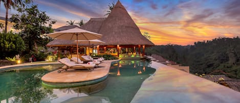 Outdoor pool, pool umbrellas, pool loungers