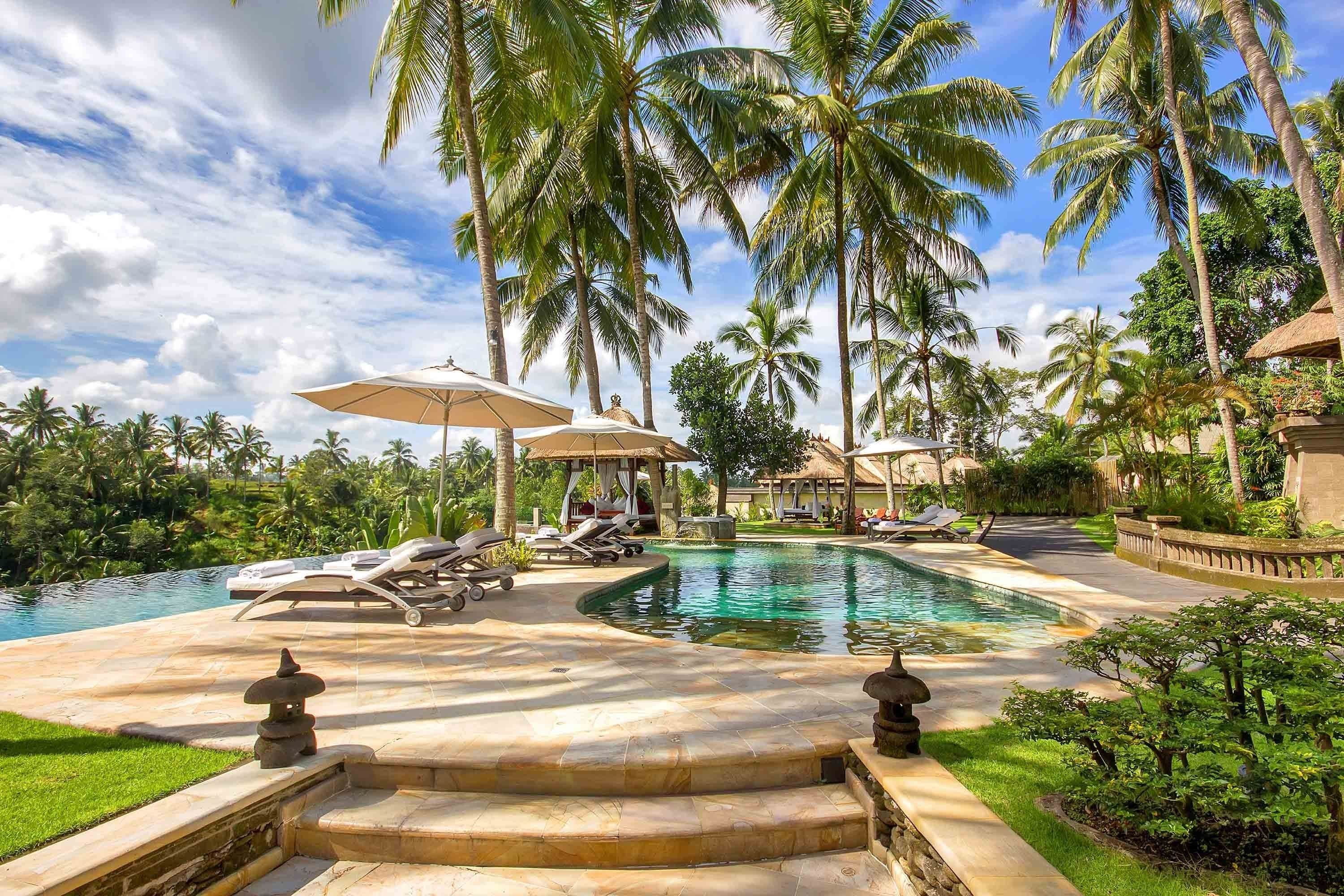 Kolam renang outdoor, dengan payung kolam renang dan kursi berjemur