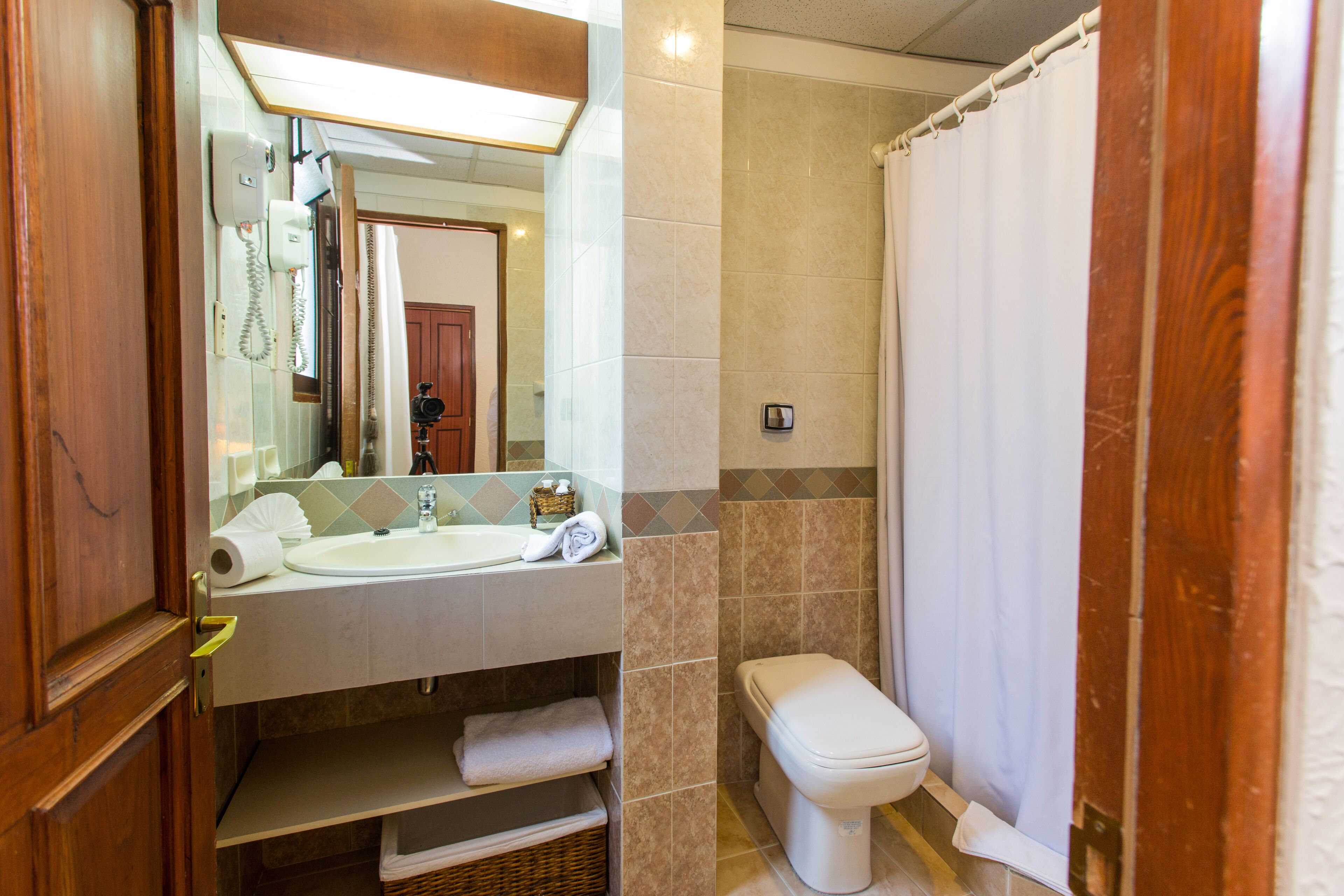 A bathroom with a toilet, sink, and shower curtain.