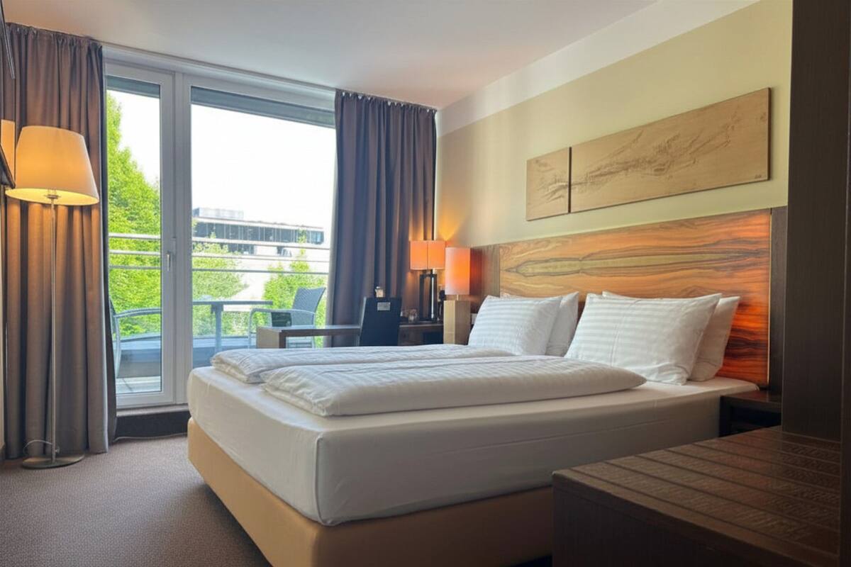 A hotel room with a large bed, a desk, a chair, and a view of the outdoors through a sliding door.