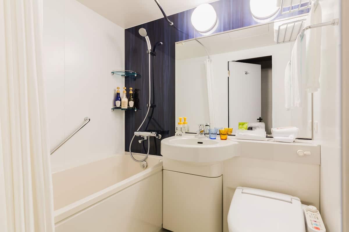 combined shower/bathtub, free toiletries, hair dryer, slippers