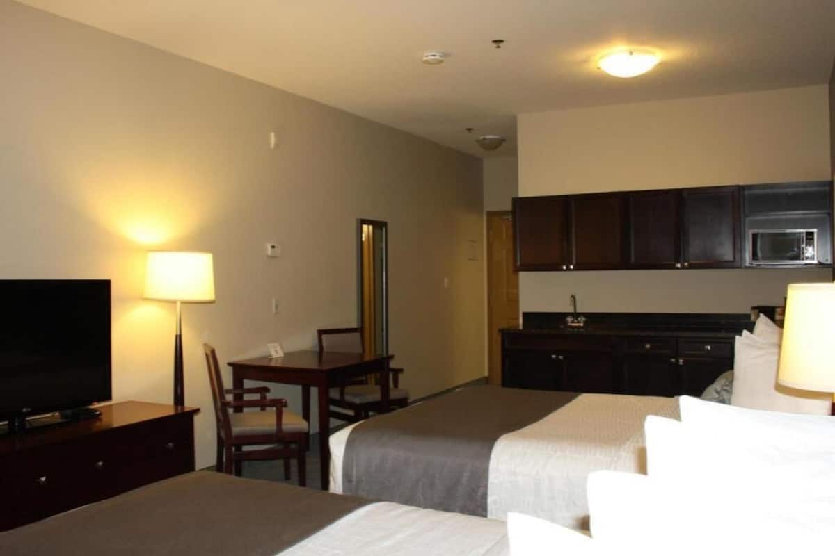 Une chambre d’hôtel avec deux lits, un bureau, une chaise, une télévision et une kitchenette.