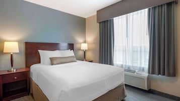Pillow-top beds, desk, laptop workspace, blackout curtains