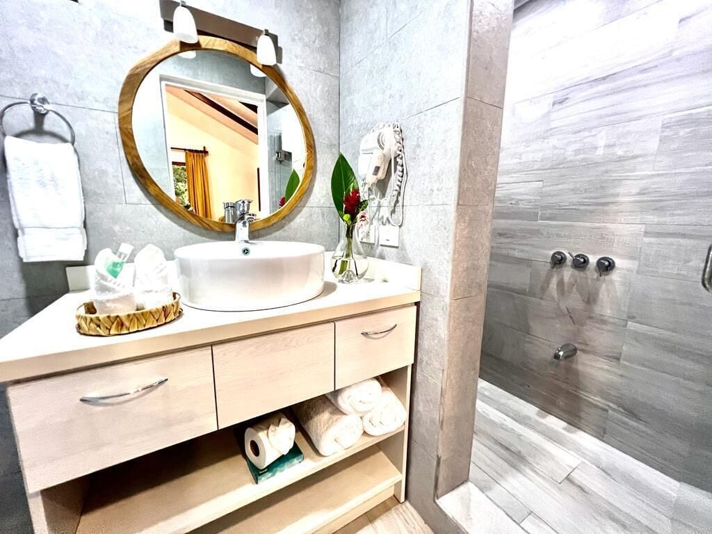 shower, free toiletries, hair dryer, towels