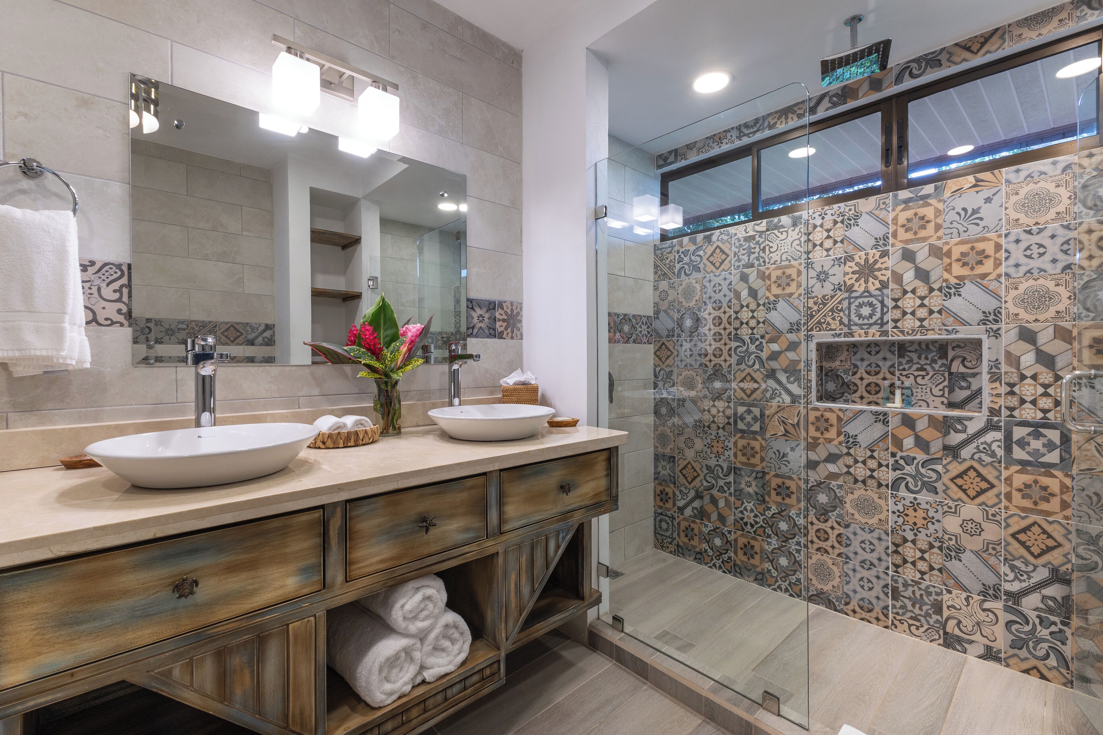 master suite | bathroom | shower, free toiletries, hair dryer, towels