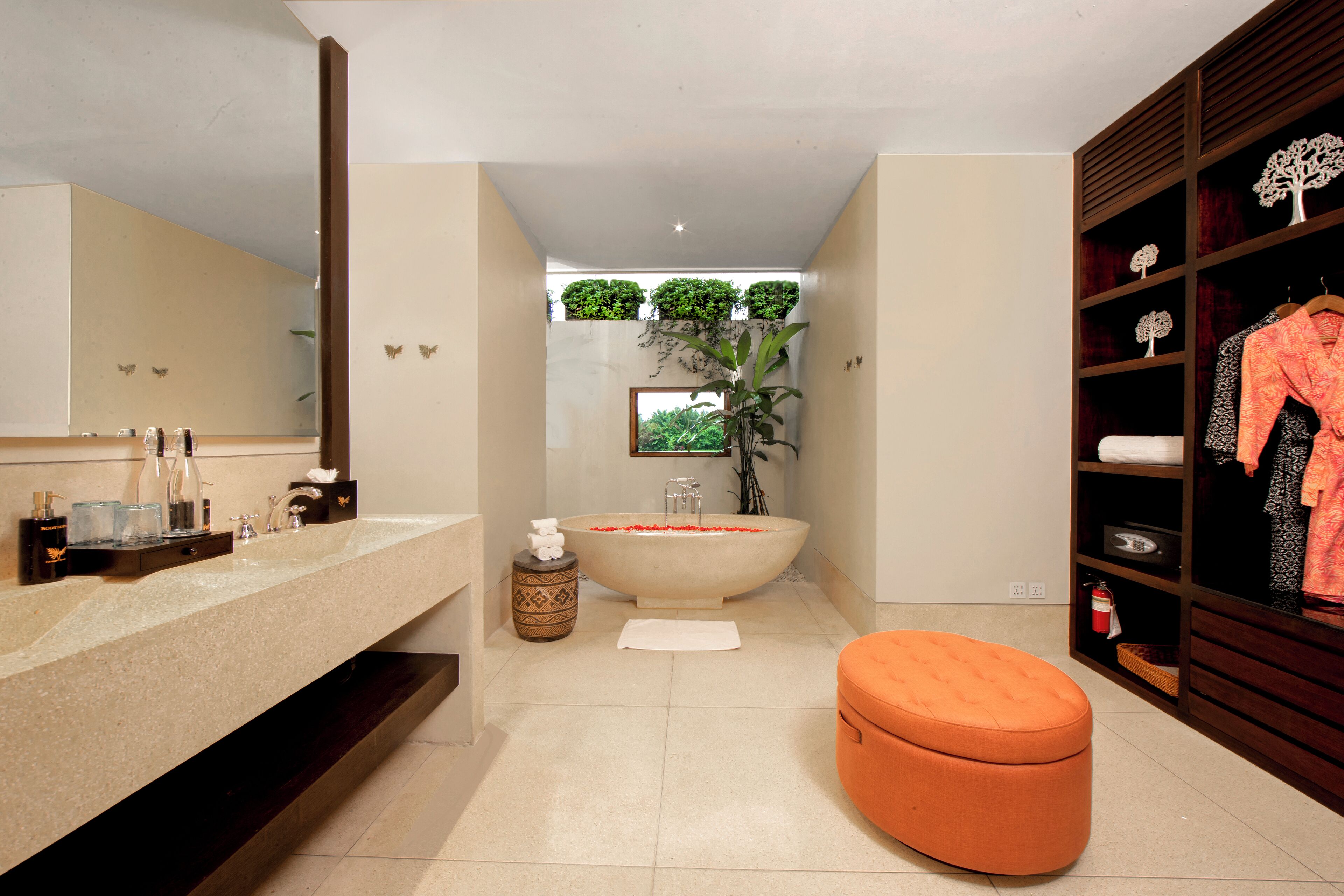 separate bathtub and shower, free toiletries, hair dryer, bathrobes