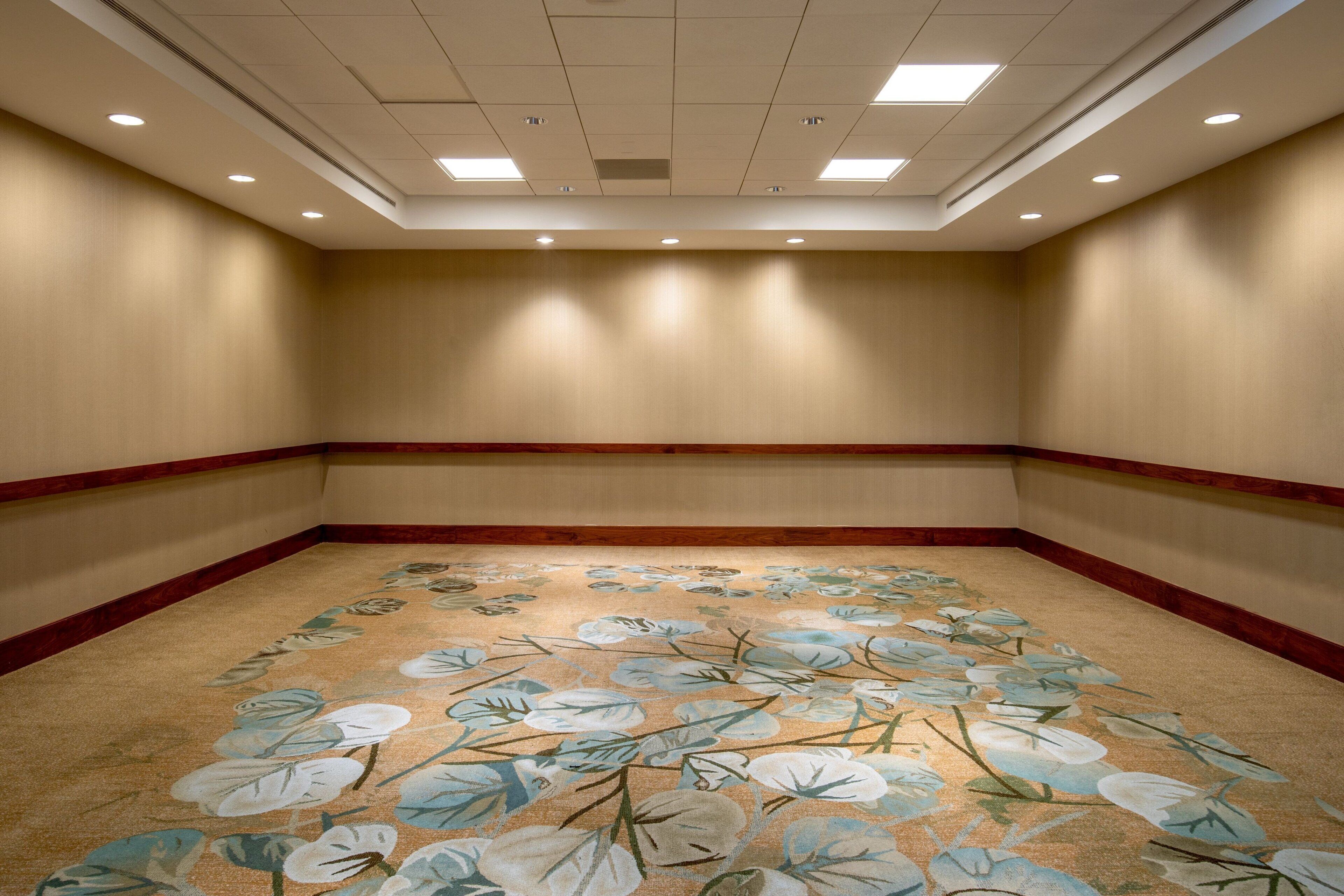 A carpeted room with a floral pattern, recessed ceiling lights, and wooden trim along the walls.