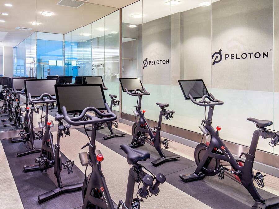 Uma fileira de bicicletas Peloton fixas em uma academia moderna com paredes de vidro e design limpo e minimalista.